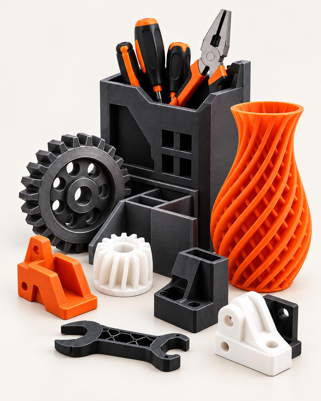 Ejemplos de diseño 3D: organizadores, engranajes, soportes y objetos decorativos